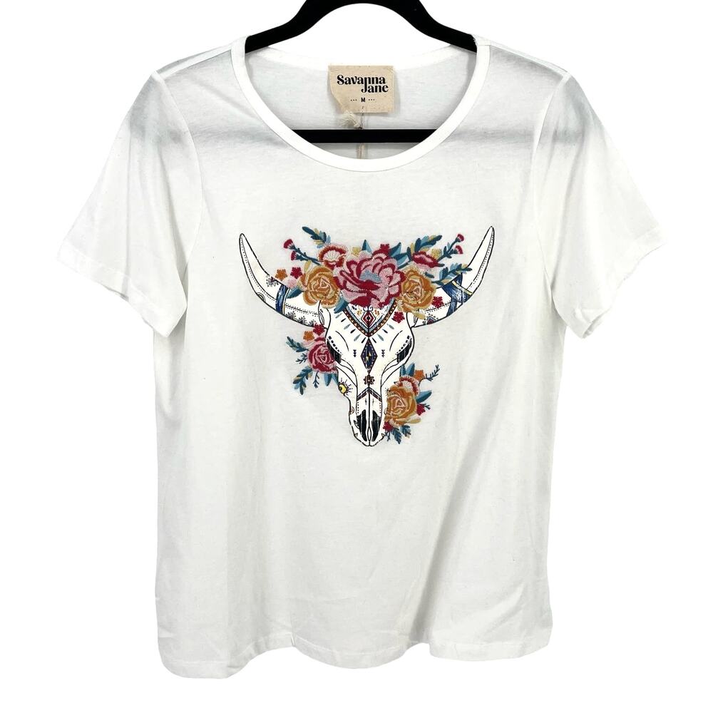 Savanna Jane Cattle Cow Skull Embroidered Floral T Shirt Womens Size Medium Boho